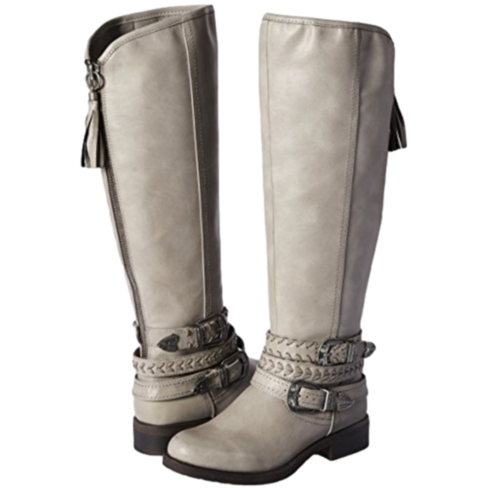 Madden Girl Carrage Round Toe Synthetic Mid Calf Boot w/ Ankle Buckles & Braids